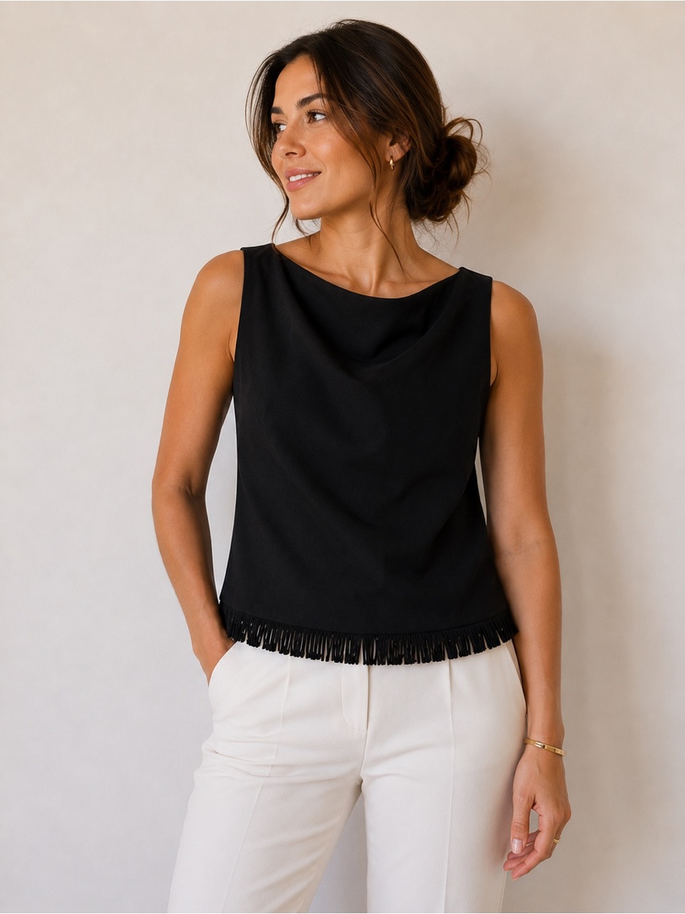 Trina Turk Black Sleeveless Cowl Neck Top with Fringe Hem